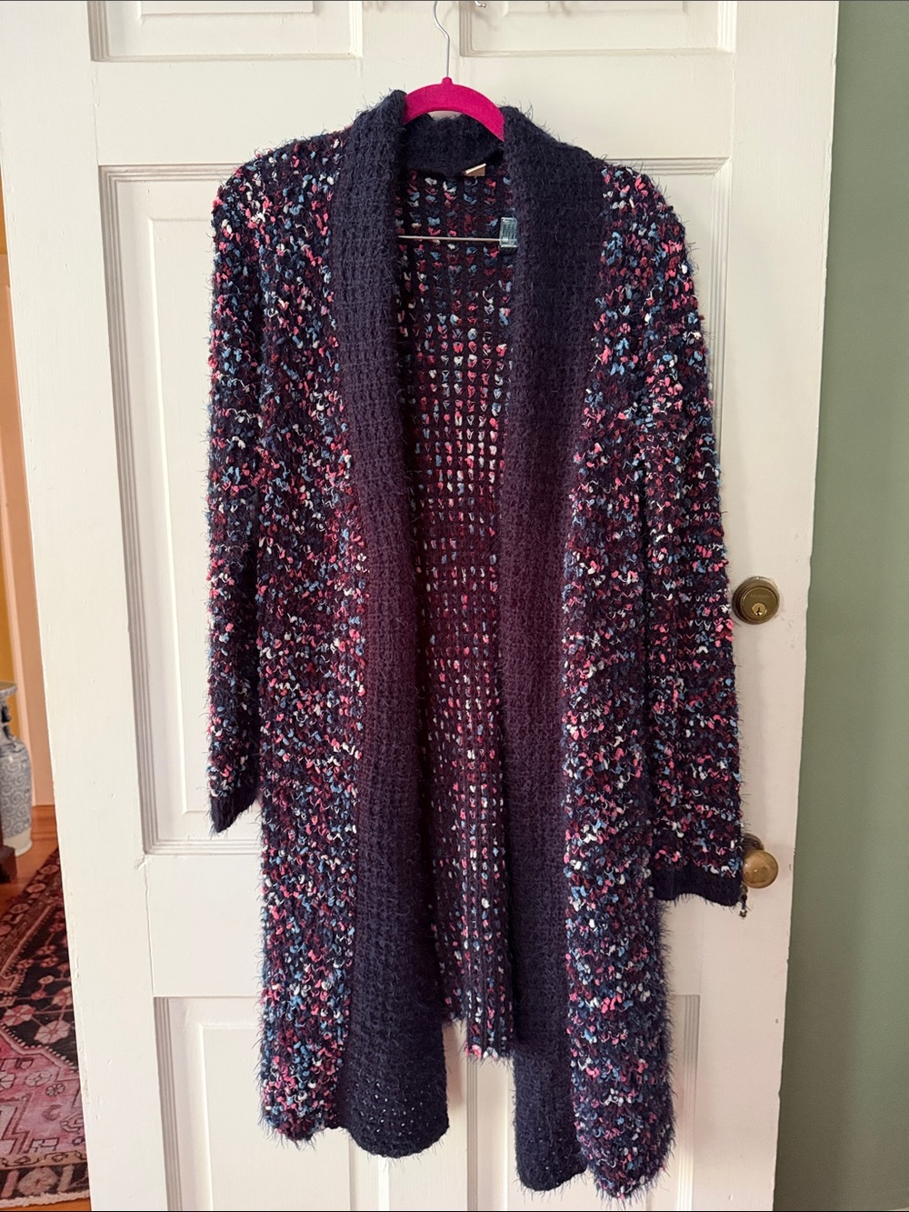 Moth Open-Front Chunky Knit Cardigan - Navy with Pink & Blue Flecks